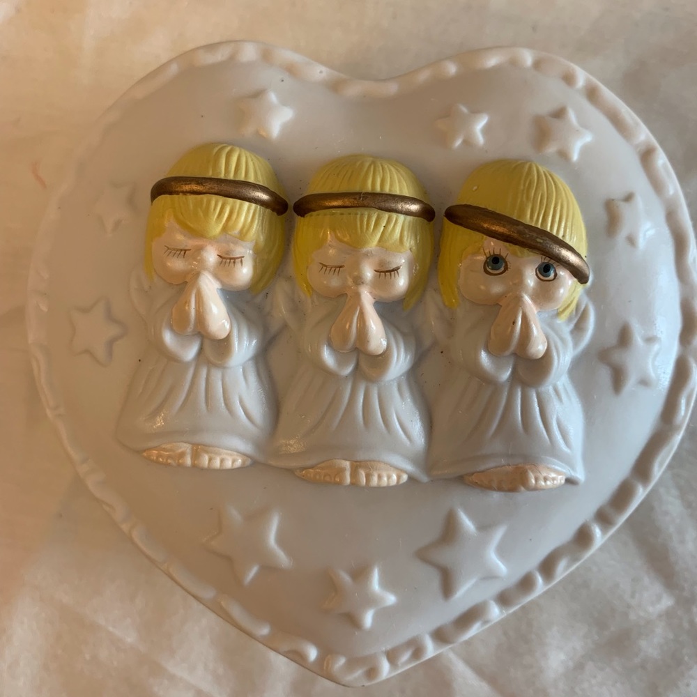 Vintage Hallmark Three Little Angels Ceramic Heart Shape Trinket Box